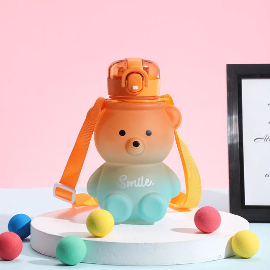 800ml Cute Straw Water Bottle with Rope Portable Bear Gradient Water Cup Large-Capacity Leak-Proof Drinking Mug for Kids Girls Peaceful Pleasures Health and Wellness