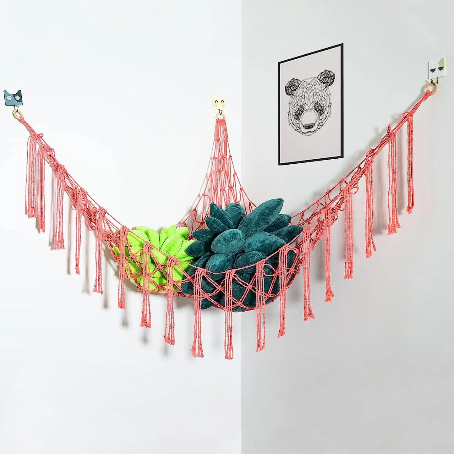 Corner Mounted Toy Storage Net Handwoven Cotton String Triangle Pouch Plush Doll Hammock Kids Room Organizer Peaceful Pleasures Health and Wellness