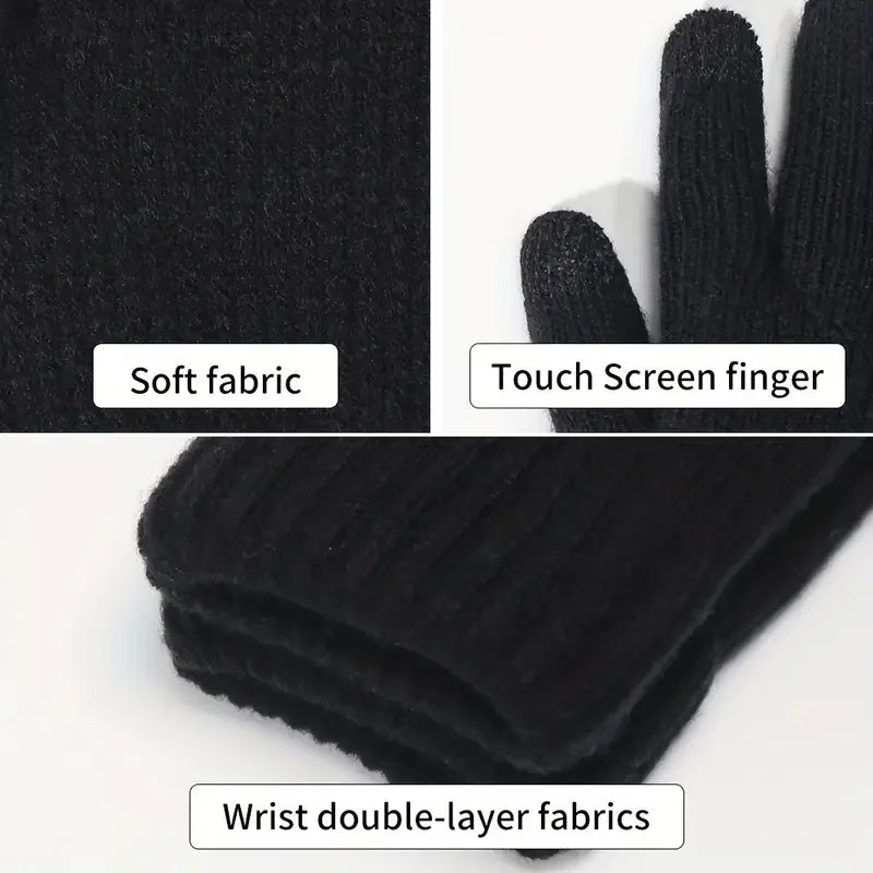 1pair Men Black Winter Double Layer Plus Velvet Thickened Knitted Gloves, Outdoor Touch Screen Warm Full Finger Gloves Peaceful Pleasures Health and Wellness
