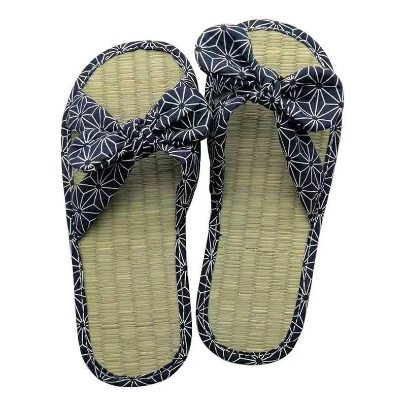 Women's Bohemian Flat Slide Sandals | Bow Rattan Beach Slippers