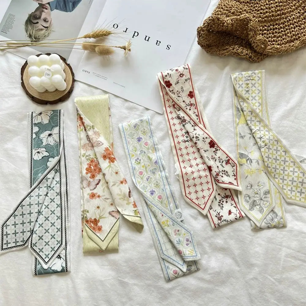Floral Satin Ribbon Scarf – Long Thin Hair & Bag Accessory