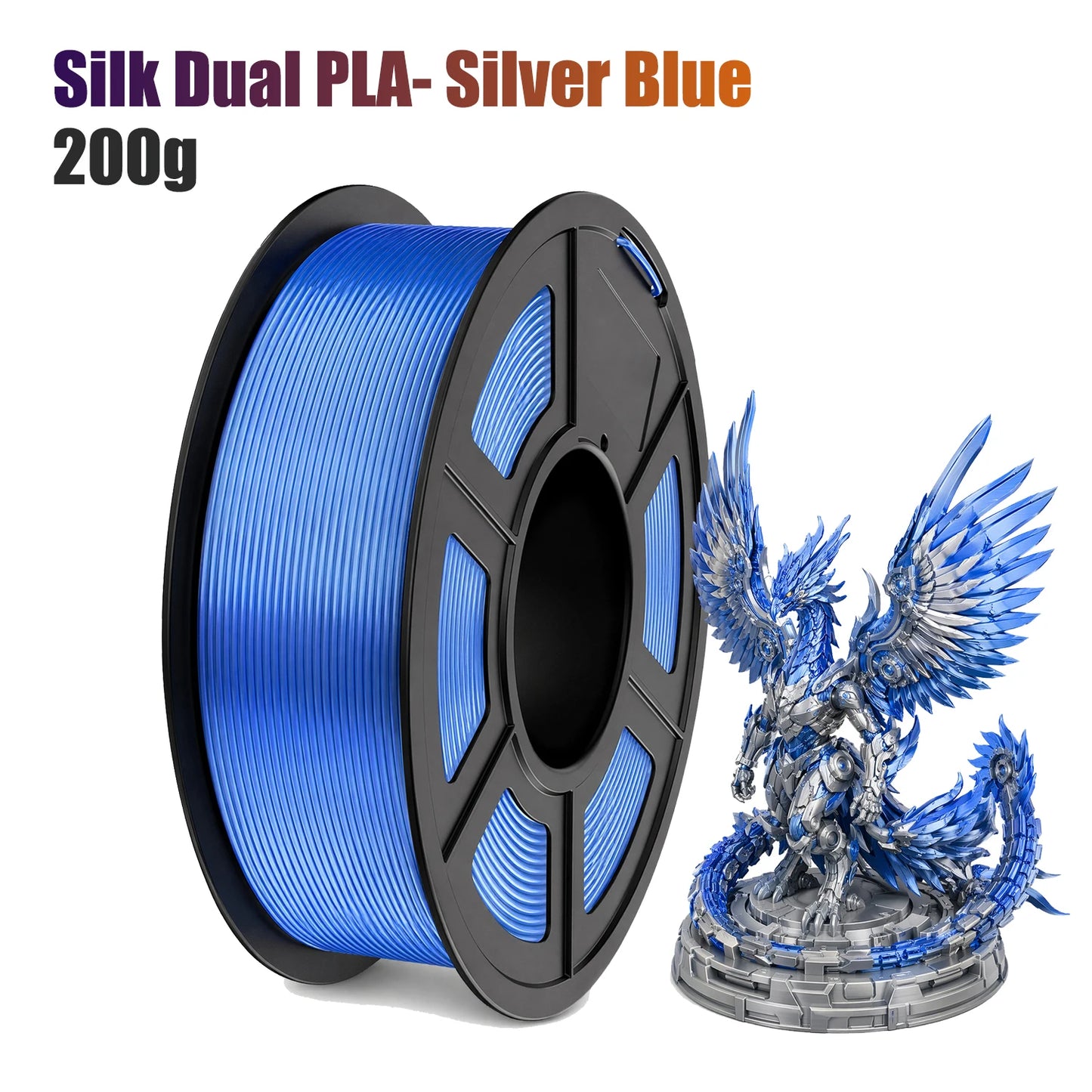 Dual Color Silk PLA Filament 1.75mm Silver Blue 250g | FDM