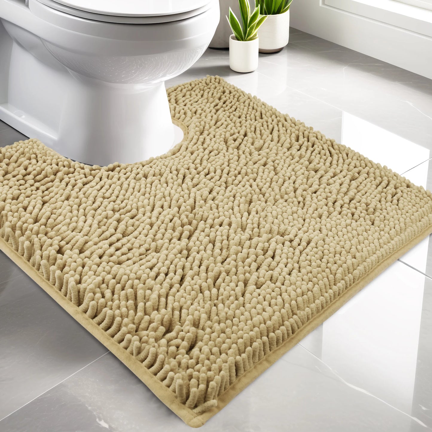 Luxury Chenille Toilet Rugs U-Shaped 50X50cm Soft Absorbent Non-Slip Contour Bathroom Rugs Machine Washable Contoured Bath Mats Peaceful Pleasures Health and Wellness Camel 500MMx500MM