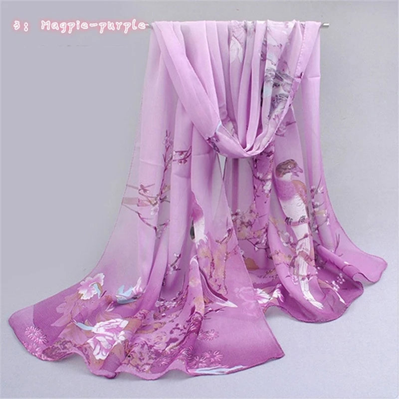 Women Chiffon Scarf Fashion Leisure Butterflies Branch Pattern Long Shawl Versatile Elegant Minimalist Retro Female Scarves Peaceful Pleasures Health and Wellness Magpie Purple One Size