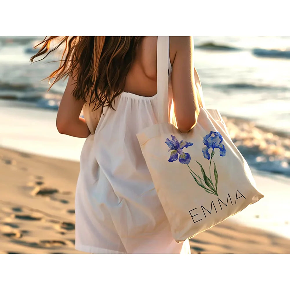 Personalized Birth Flower Canvas Tote Bag | Custom Name Gift