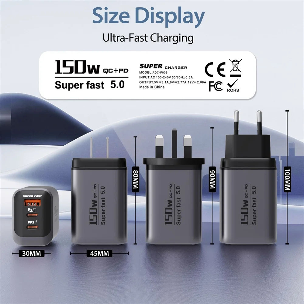 150W Fast Charger 3-Port USB-C PD3.0 QC3.0 Wall Adapter