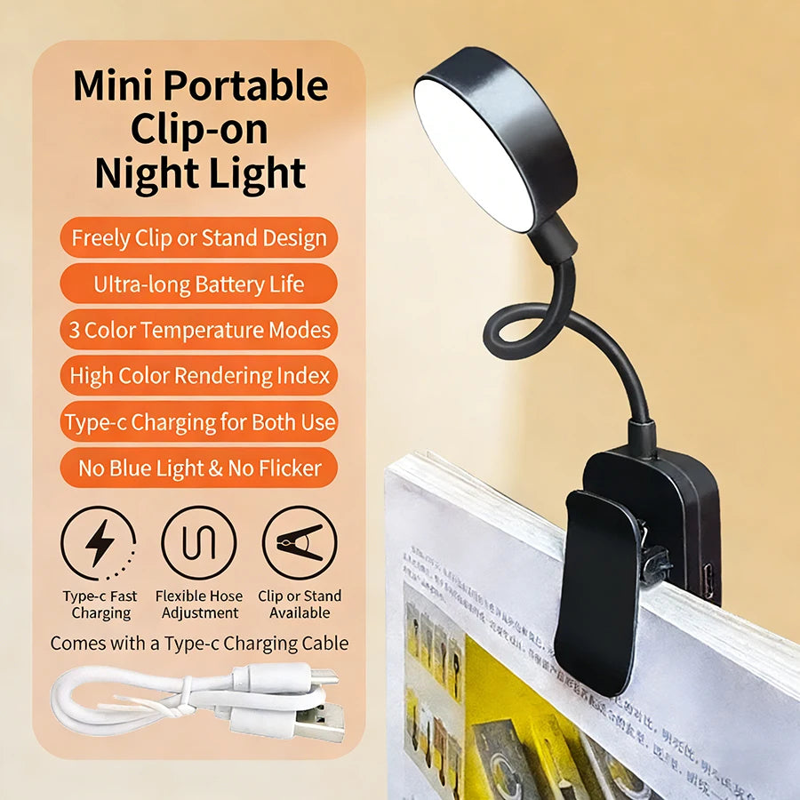 Rechargeable Clip-On Book Lamp Bedside Reading Light 3 Colors Eye Protection Portable Book Night Light Office Study Table Lamp Peaceful Pleasures Health and Wellness Round Black
