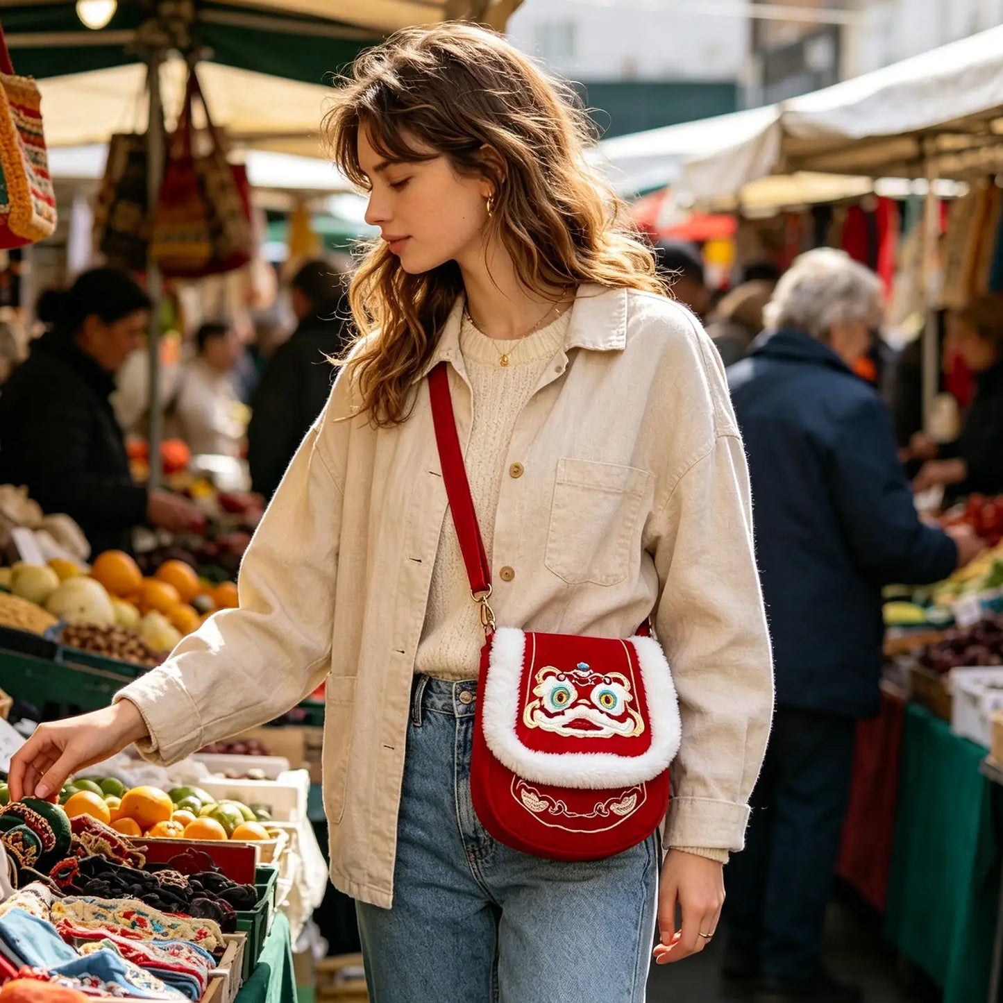Red Embroidered Plush Tote Bag | Cute Shoulder Bag for Women