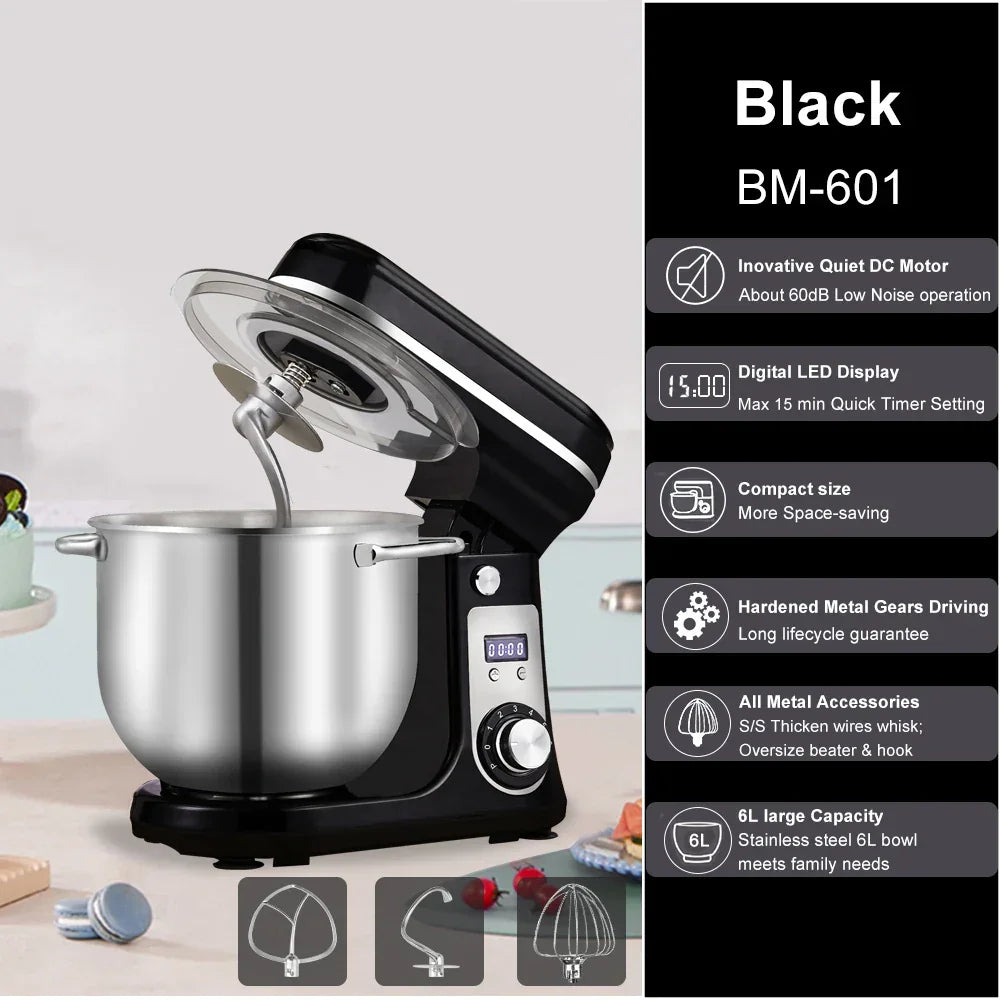 Black stand mixer with stainless steel bowl on a light background, featuring product details on the right.