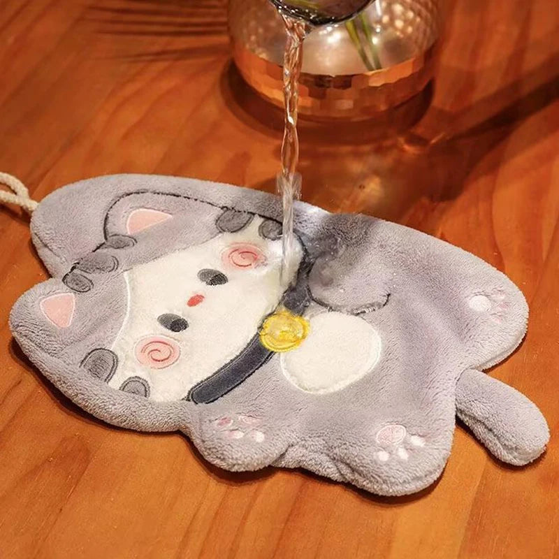 Cute Cat Hand Towel | Absorbent Coral Fleece Hanging Kitchen Rag
