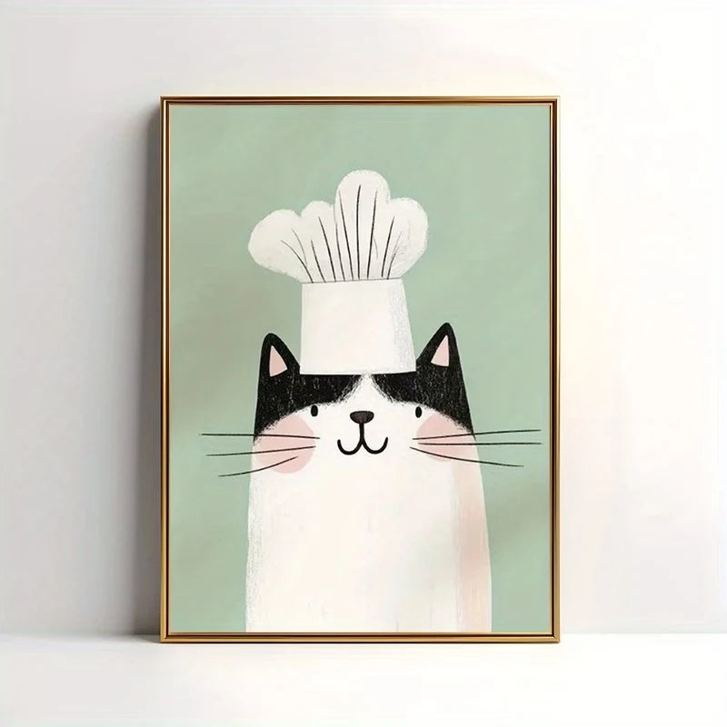 Chef Cat Canvas Wall Art | Bohemian Kitchen Poster Print