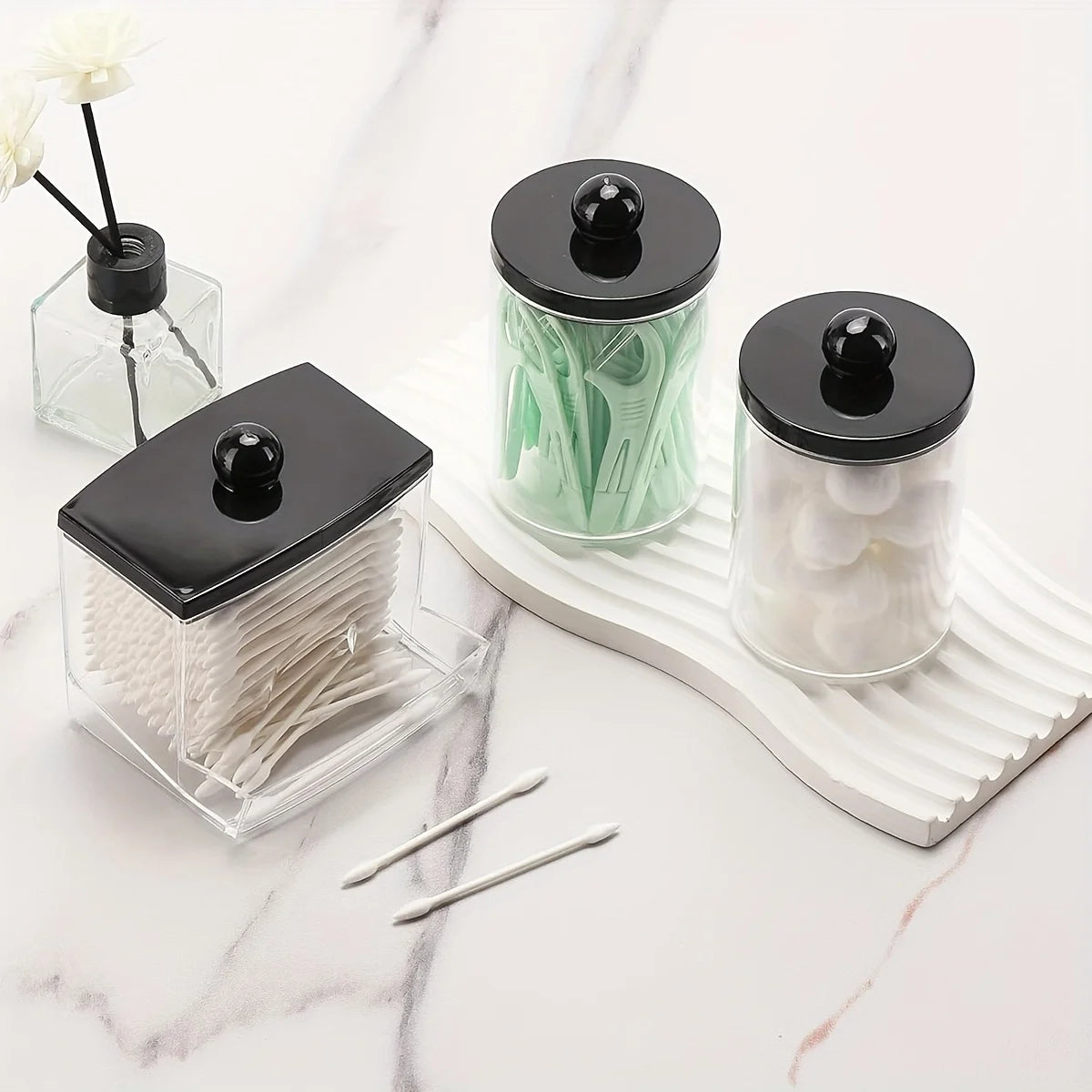 Apothecary Jars with Black Lids – 3 Pack Qtip Holder & Bathroom Storage Containers