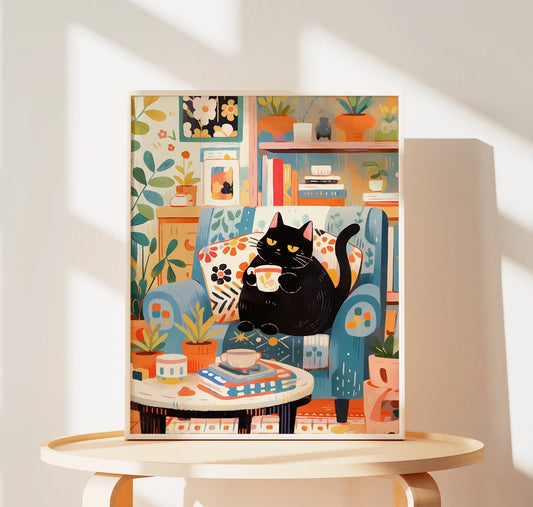 Cute Coffee Cat Canvas Wall Art | Cat Mom Gift Print Canvas Wall Art Peaceful Pleasures Health and Wellness