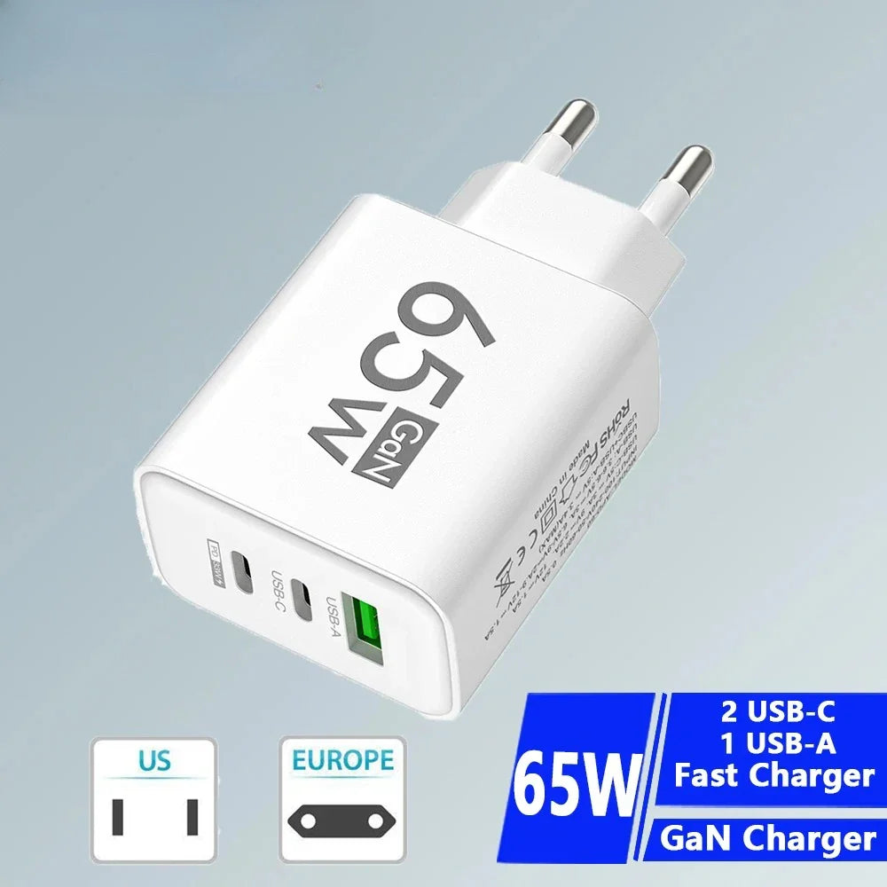 65W GaN USB-C Wall Charger – 3-Port PD & Quick Charge 3.0