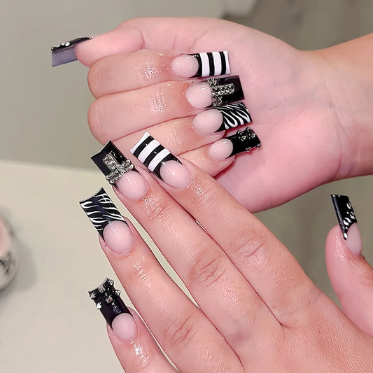 24pcs Dark Style French Square Fake Nails Press On Nails Metal Decor Wearable Black Gothic Punk Halloween False Nail Tip Durable Peaceful Pleasures Health and Wellness 1
