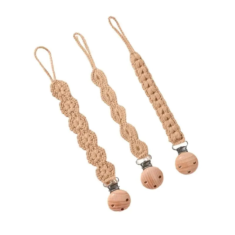Baby Pacifier Holder Clips with Wooden Teether Beads – 3-Pack