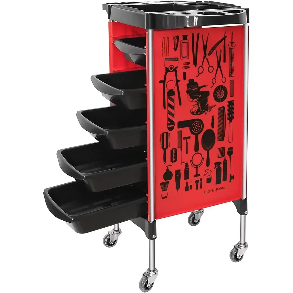 Salon Trolley Cart on Wheels Multifunction 5 Drawer Hair Stylist Rolling Cart Professional Hairdresser Hair Dye Storage Tools Peaceful Pleasures Health and Wellness red