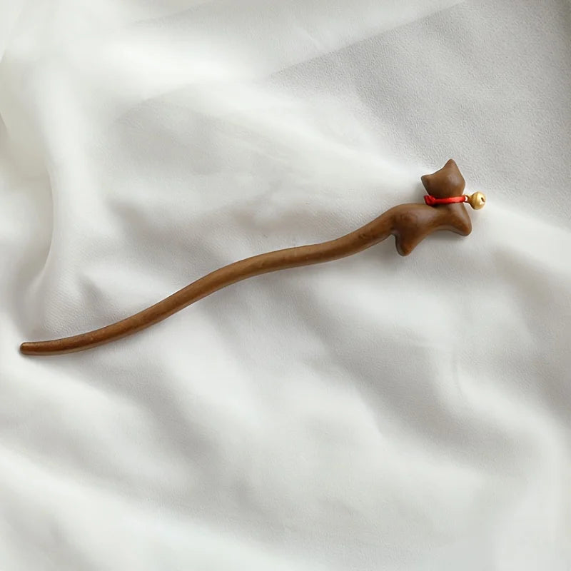 Chinese Traditional Hair Stick Vintage Golden Sandalwood Hairpin Cute Bell Cat Hair Pin Simple Retro Step Shake Hair Accessories Peaceful Pleasures Health and Wellness A