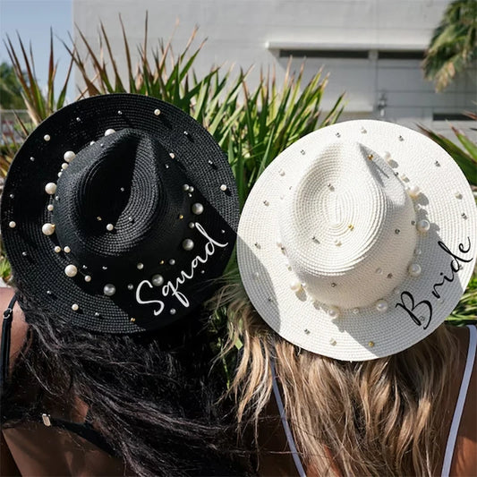 Bride Squad Pearl Cowboy Sun Hat | Bachelorette Party Gift Bridal Party Hat Peaceful Pleasures Health and Wellness