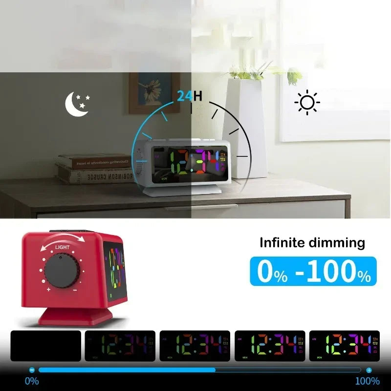 RGB LED Alarm Clock FM Radio Adjustable Brightness Date Display
