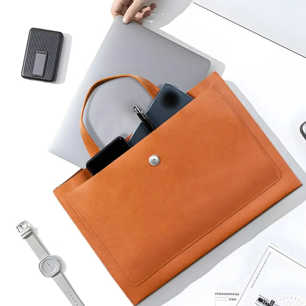 Large Capacity A4 Leather Document Bag Magnetic Button Thickened Waterproof Laptop Cases Portable Simple File Storage Bag Paper Peaceful Pleasures Health and Wellness