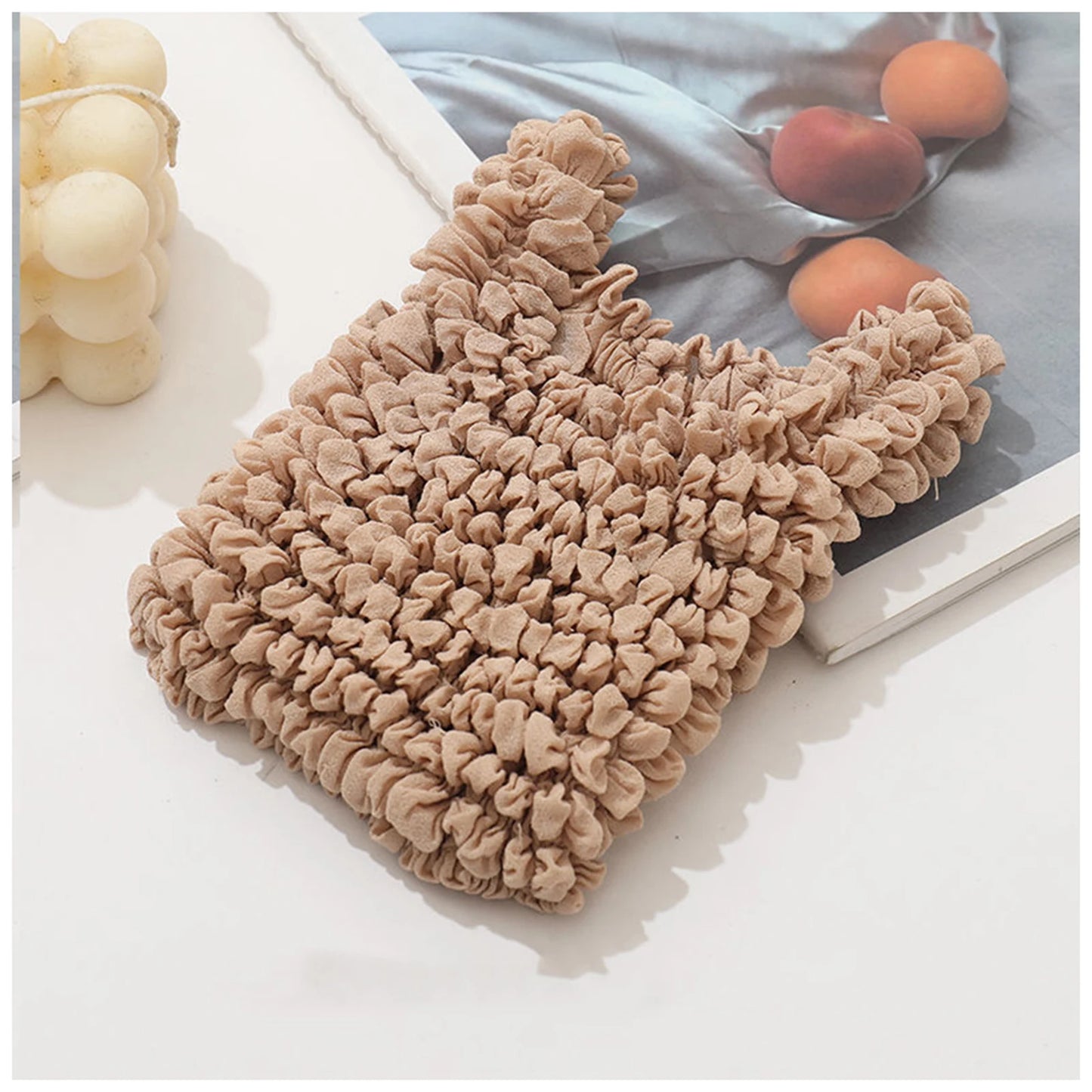 Fold Pleated Flexible Stretch Mini Bag Mini Bag Large Capacity Bubble Elastic Portable Shopping Handbag Tote Peaceful Pleasures Health and Wellness Light brown