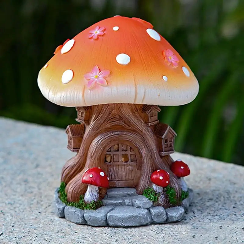 Garden Solar Mushroom Decor LED Light up Solar Figurine Mushroom House Yard Cottage Decoration Outside Resin Statue Waterproof Peaceful Pleasures Health and Wellness