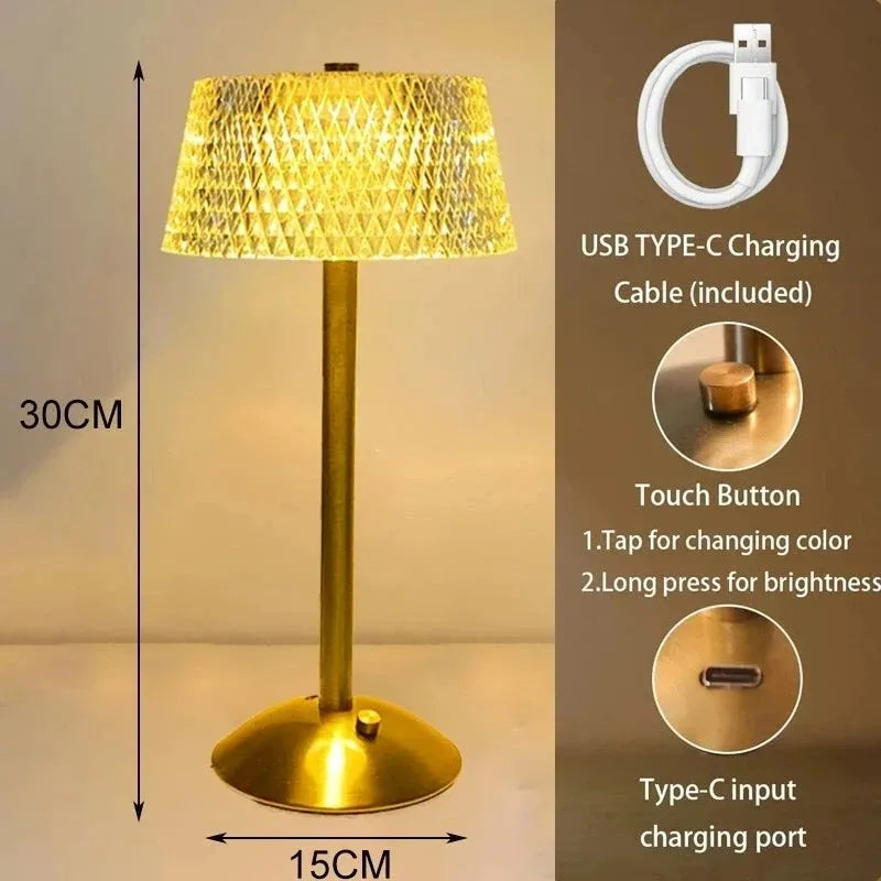 Classic LED Cordless Table Lamp USB Rechargeable Night Light Coffe Bar Touch Dimming Desk Lamp Bedroom Decor Crystal Table Lamps Peaceful Pleasures Health and Wellness