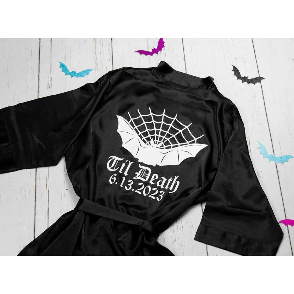 Personalized Black Slasher Robe Till Death Gothic Bat Spider Web Robe Bridal Party Halloween Wedding Scary Bridal Shower Gifts Peaceful Pleasures Health and Wellness