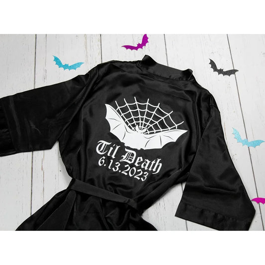 Personalized Black Slasher Robe Till Death Gothic Bat Spider Web Robe Bridal Party Halloween Wedding Scary Bridal Shower Gifts Peaceful Pleasures Health and Wellness