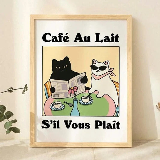 Cartoon Cat Canvas Wall Art Print | Café Au Lait Kids Room Decor Canvas Wall Art Peaceful Pleasures Health and Wellness G3087 40x50cm Black Frame