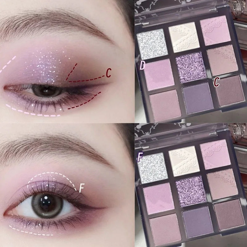 Purple Lavender 9-Color Glitter Eyeshadow Palette | Waterproof
