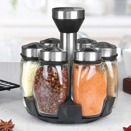 Kitchen Rotating Spice Bottle Set Glass Material Seasoning Salt Sugar Pepper Seasoning Storage Bottle Kitchen Spice Rack Peaceful Pleasures Health and Wellness 1set