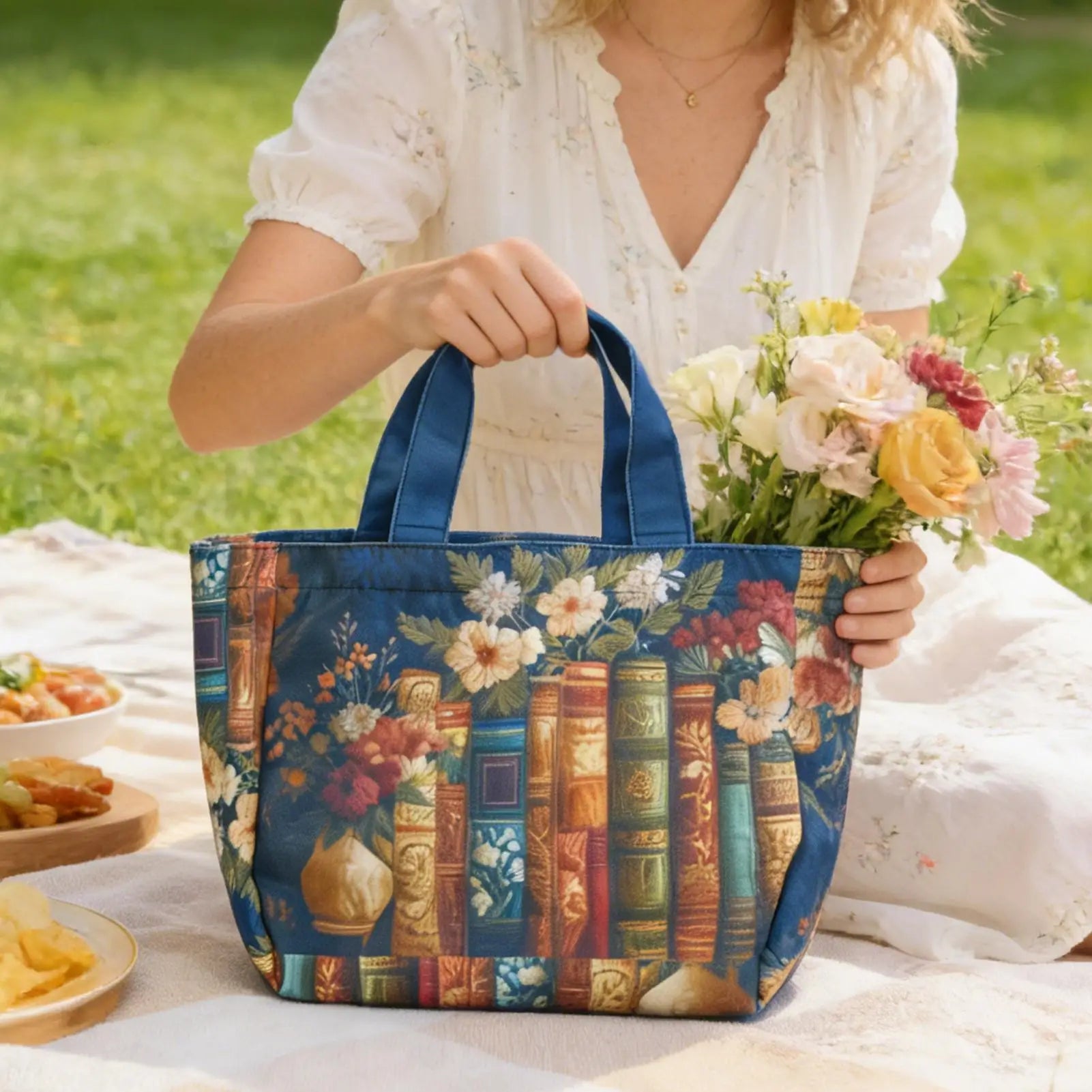 Large Floral Quilted Canvas Tote Bag | Reusable & Foldable Quilted Canvas Tote Peaceful Pleasures Health and Wellness