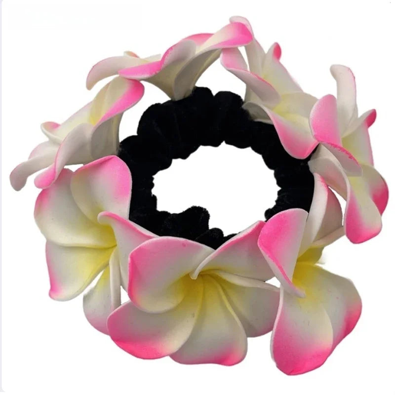 2pcs Hawaii Flower Hair Scrunchies Foam Plumeria Hair Rope Frangipani Egg Flower Headdress for Beach Party Wedding Bridal Girl Peaceful Pleasures Health and Wellness pink