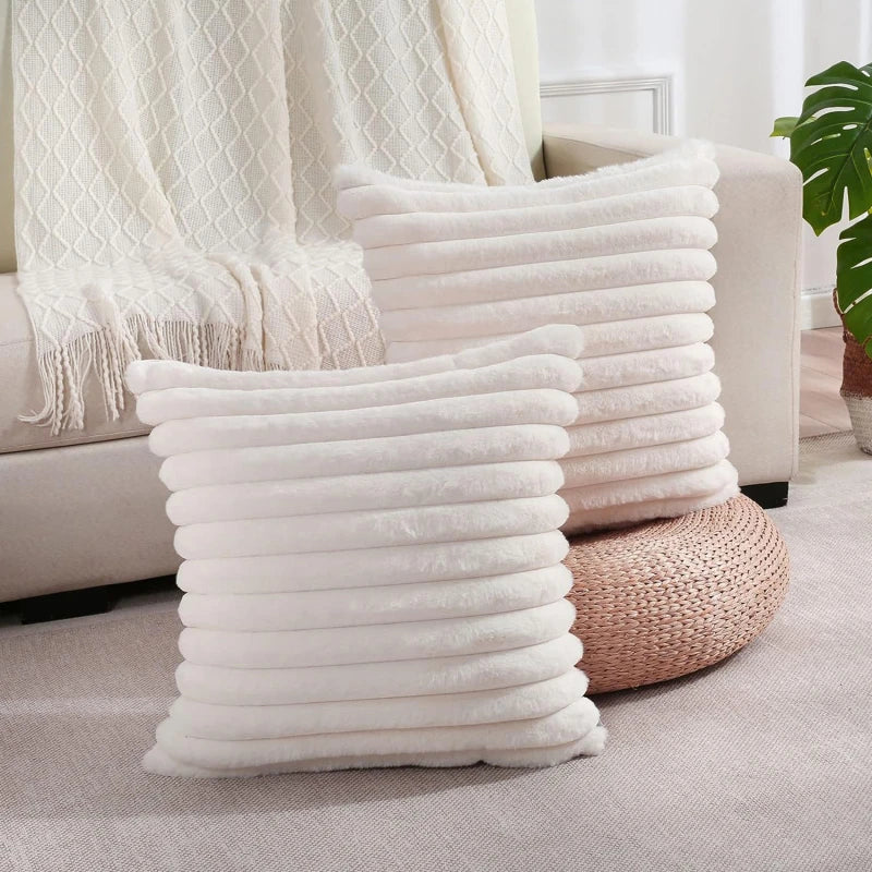 Faux Rabbit Fur Square Cushion Cover Big Thick Striped Super Soft Solid Color Pillow Cover 45x45cm Sofa Decor Cushion Cover Peaceful Pleasures Health and Wellness white