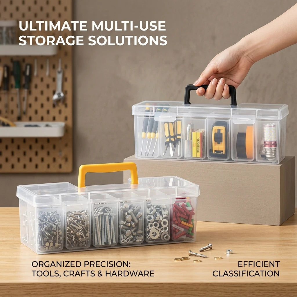 Portable 6-Compartment Clear Small Parts Organizer Box – For Hardware, Beads, Jewelry & Crafts