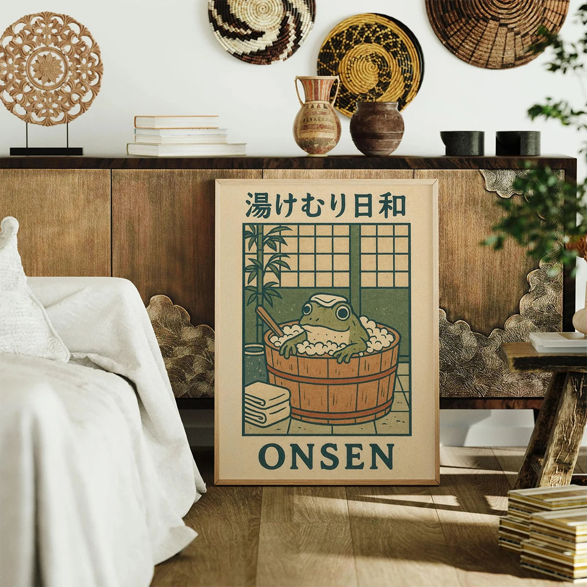 Japanese Frog in Bathtub Canvas Wall Art | Retro Japandi Poster