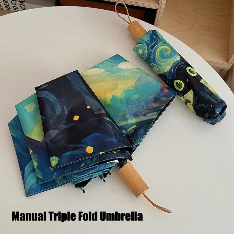 Green Cartoon Cat Folding Umbrella – UV & Rain Protection