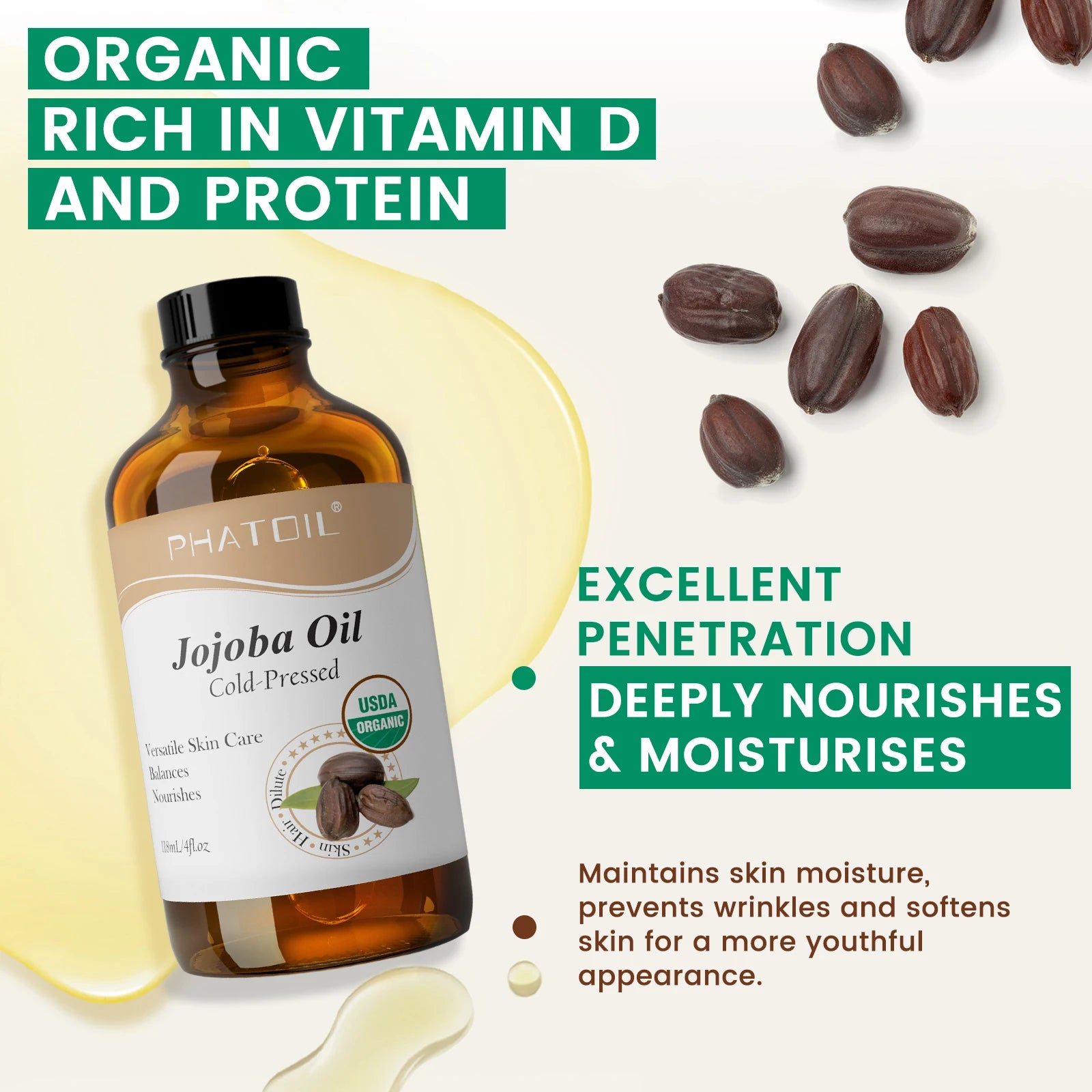 PHATOIL 118ml Organic Face Oil Natural Cold Pressed USDA Carrier Oils- Castor Oil,Jojoba,Moroccan Argan Oil,Rosehip Seed Oil Peaceful Pleasures Health and Wellness