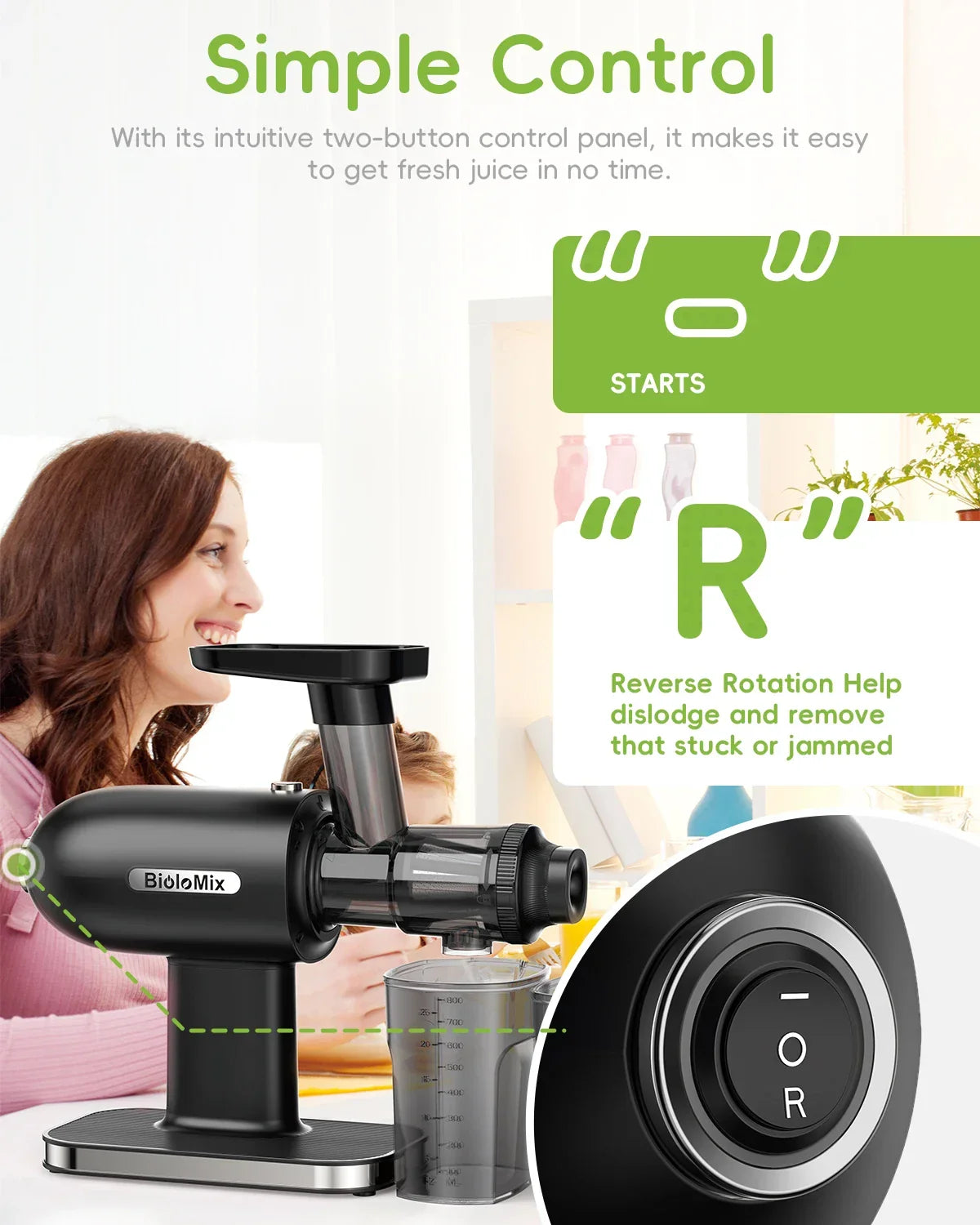 BioloMix Cold Press Juicer – Reverse Function, High Yield, Easy Clean Juicer BioloMix