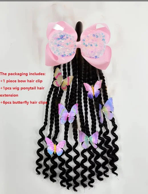 Kid Ponytail Braid Hair Extensions with Curly Ends - Elastic with Butter/ Dreadlock Hair Beads- Protective Hairstyle Detachable Peaceful Pleasures Health and Wellness Butterfly pink