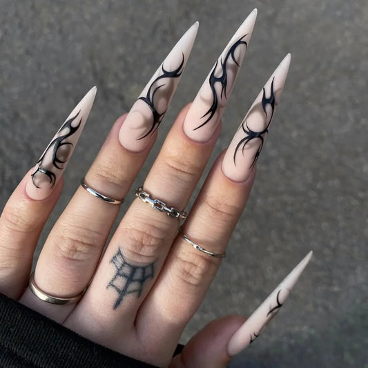 Retro Matte Halloween False Nails Press On Nails Long Pointed Wearable Gothic Punk Style Nail Art With Black Thorns Design 24pcs Peaceful Pleasures Health and Wellness A