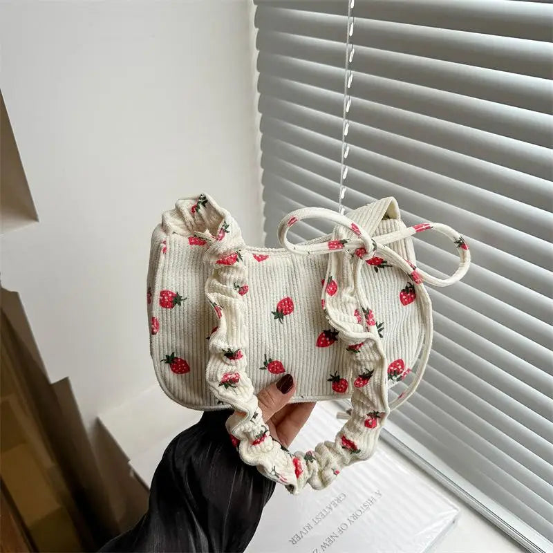 Corduroy Mini Shoulder Bag | Strawberry Print Half Moon Tote