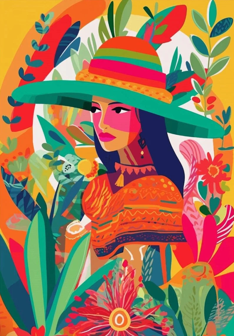 Latina Woman Floral Canvas Wall Art | Ethnic Maximalist Print