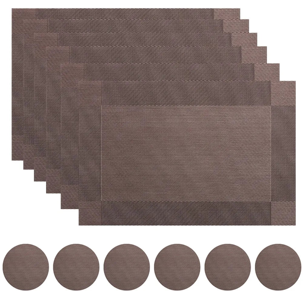 Set of 6 Placemats With Coasters Black Table Mats Crossweave Woven Vinyl Non-Slip Washable for Table Dining Kitchen Restaurant Peaceful Pleasures Health and Wellness Brown 30x45cm