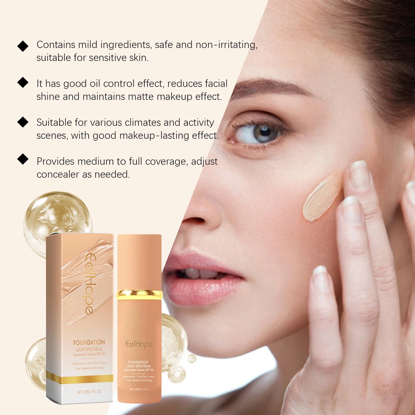 Eelhope 4-in-1 Color Changing Foundation SPF 50+ Matte 30ml Liquid Foundation Peaceful Pleasures Health and Wellness