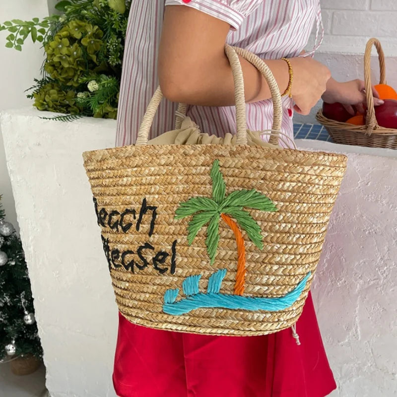 Bohemian Embroidery Straw Beach Tote Bag | Large Woven Shoulder Woven Straw Tote Bag Peaceful Pleasures Health and Wellness Coconut tree