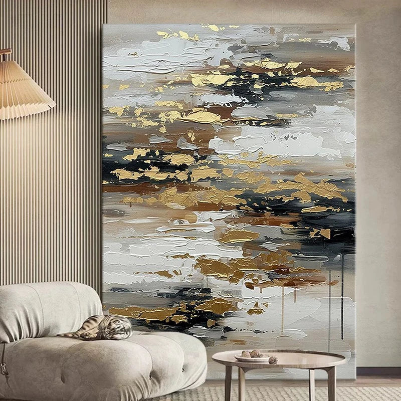 Modern Wall Art Home Decoration Gold Foil Mural Pure Hand Drawn Abstract Oil Painting Living Room Bedroom Porch Hanging Poster Peaceful Pleasures Health and Wellness