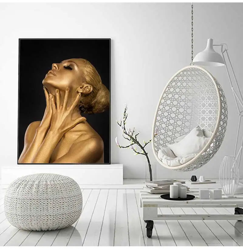 Gold Woman Oil Painting on Canvas Cuadros Posters and Prints Wall Art Picture for Living Room Sexy Nude African Black Peaceful Pleasures Health and Wellness